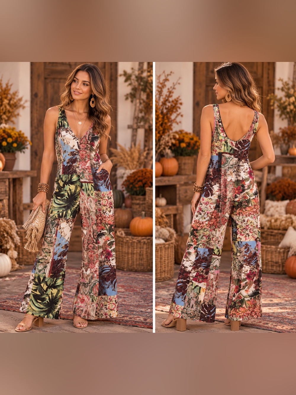 Boho Patchwork V-Neck Wide-Leg Jumpsuit in Multi